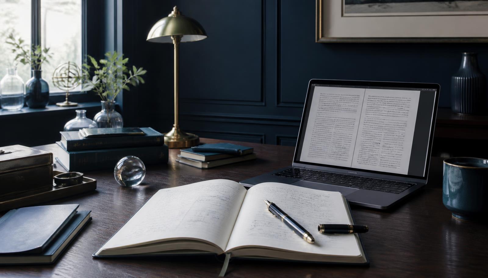 Mesa de estudos acadêmica com caderno de anotações científicas, caneta e notebook exibindo um documento