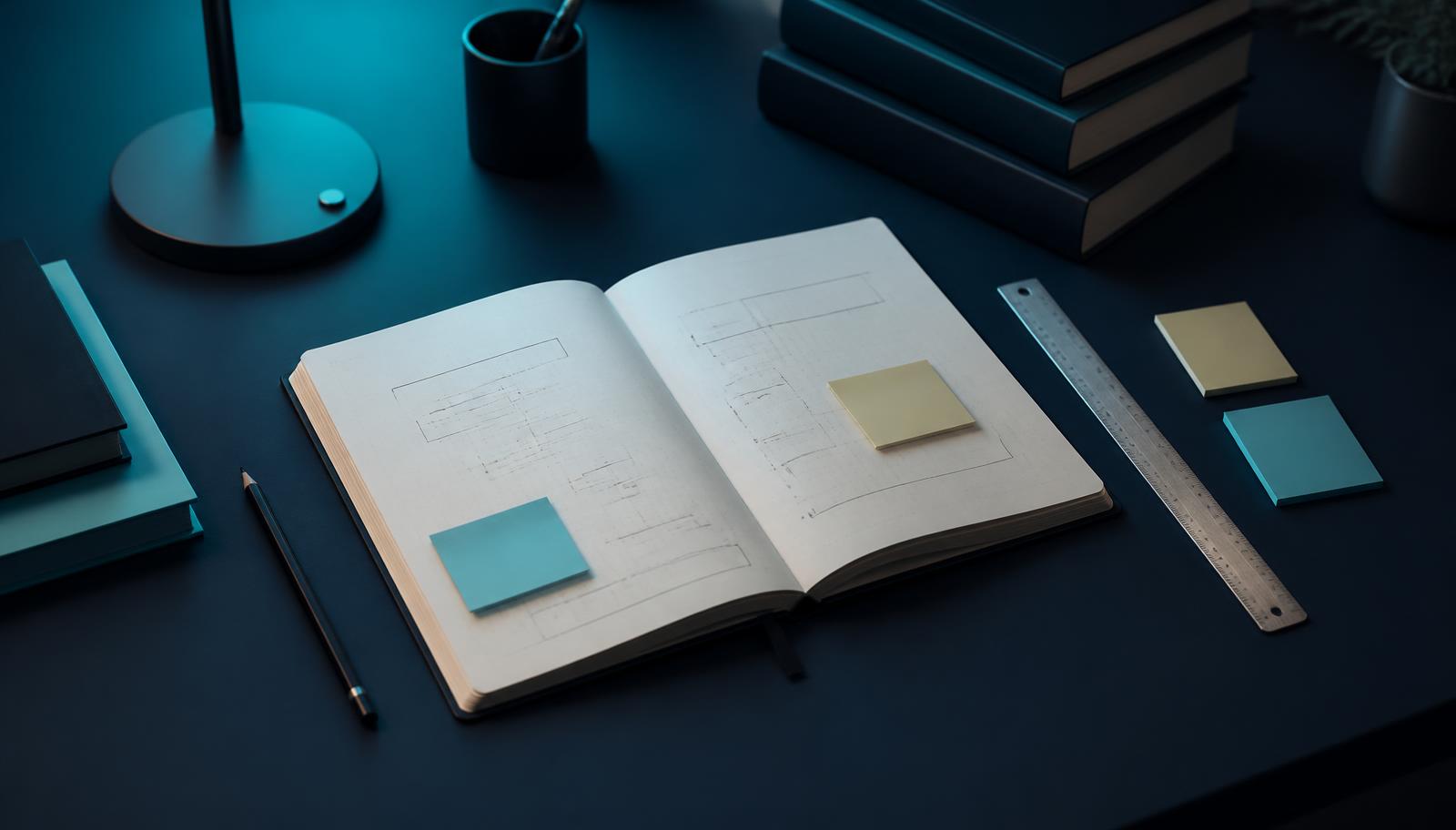 Caderno aberto com o planejamento estruturado de uma pesquisa acadêmica sobre mesa de estudos